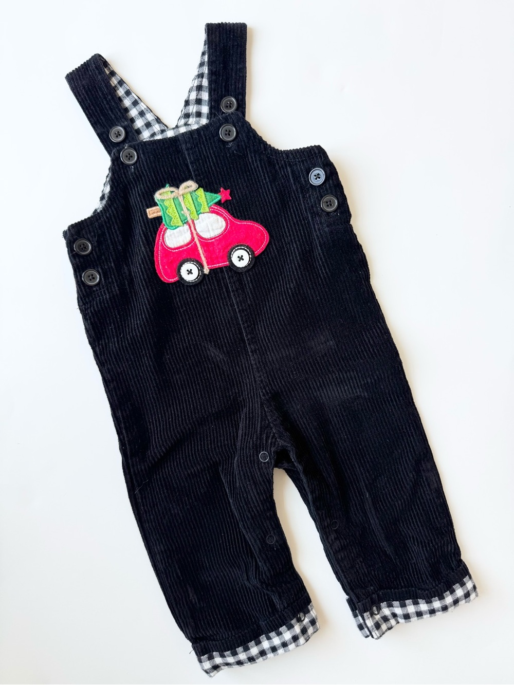 Mud Pie Black Corduroy Overalls with Red Christmas Car Applique